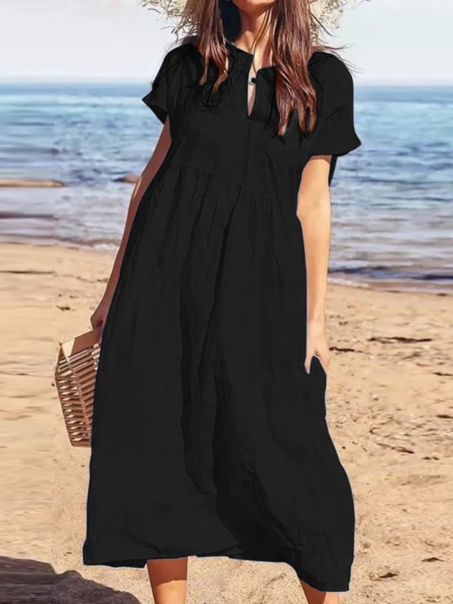 Women's solid color V-neck short sleeve loose casual long cotton and linen dress