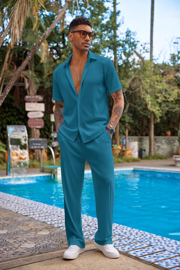Men's 2 Piece Outfit Casual Short Sleeve Button Down Shirt Beach Summer Loose Pant Sets