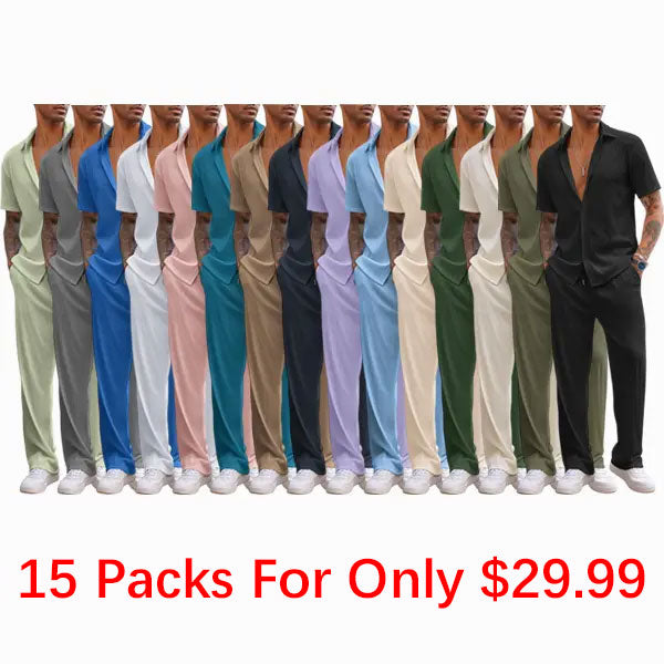 Men's 2 Piece Outfit Casual Short Sleeve Button Down Shirt Beach Summer Loose Pant Sets