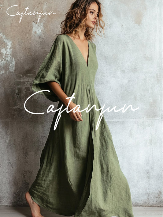 Green Linen V-neck Loose kaftan