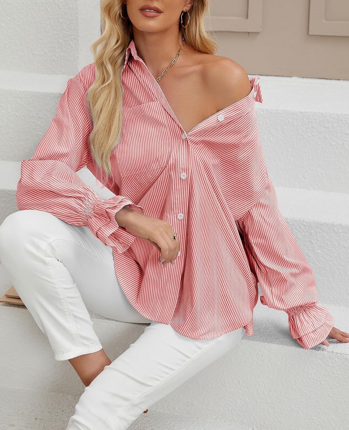 Women's Striped Button Down Shirts Smocked Cuffed Boyfriend Shirt Long Sleeve Blouse Top with 3 Pockets