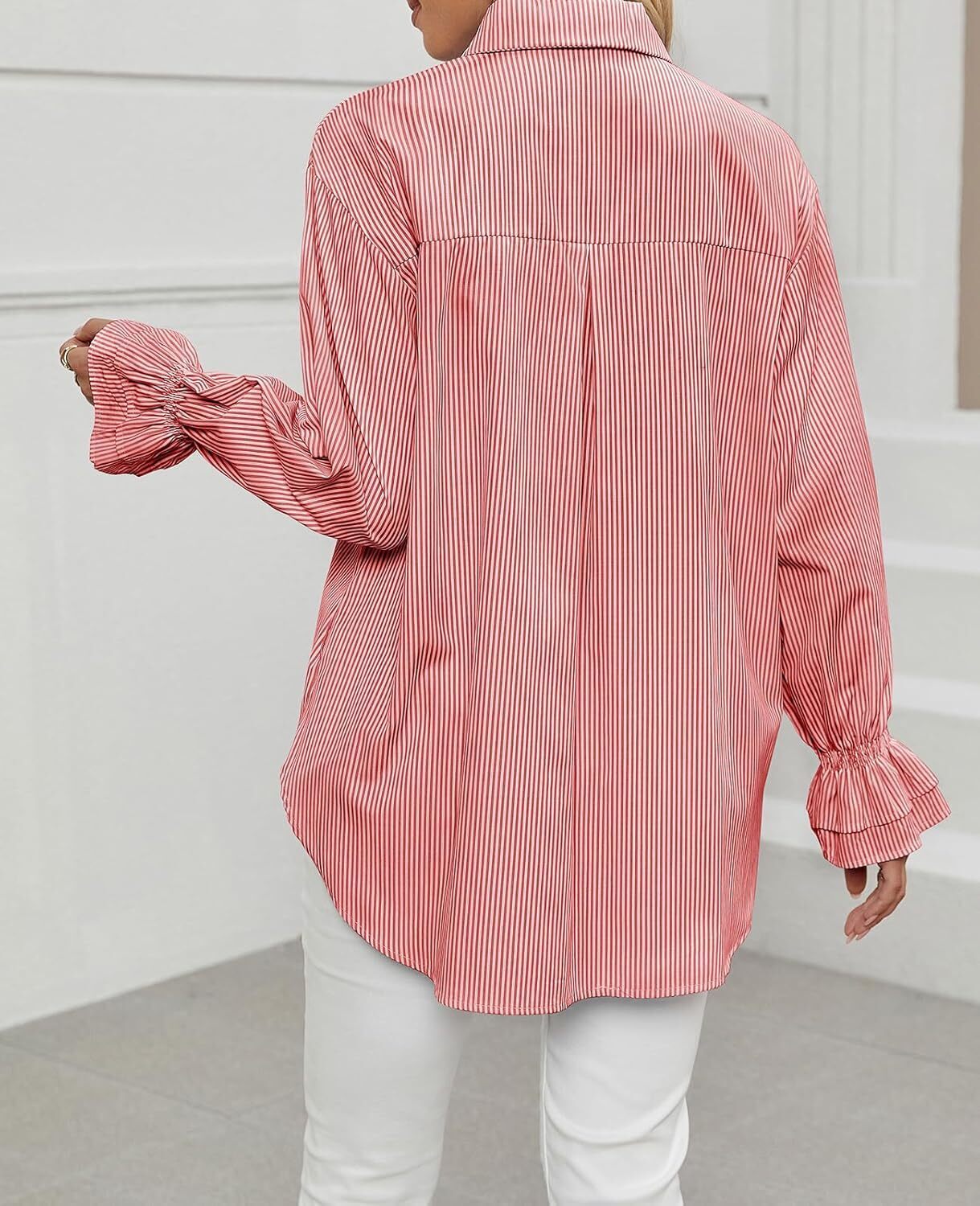 Women's Striped Button Down Shirts Smocked Cuffed Boyfriend Shirt Long Sleeve Blouse Top with 3 Pockets