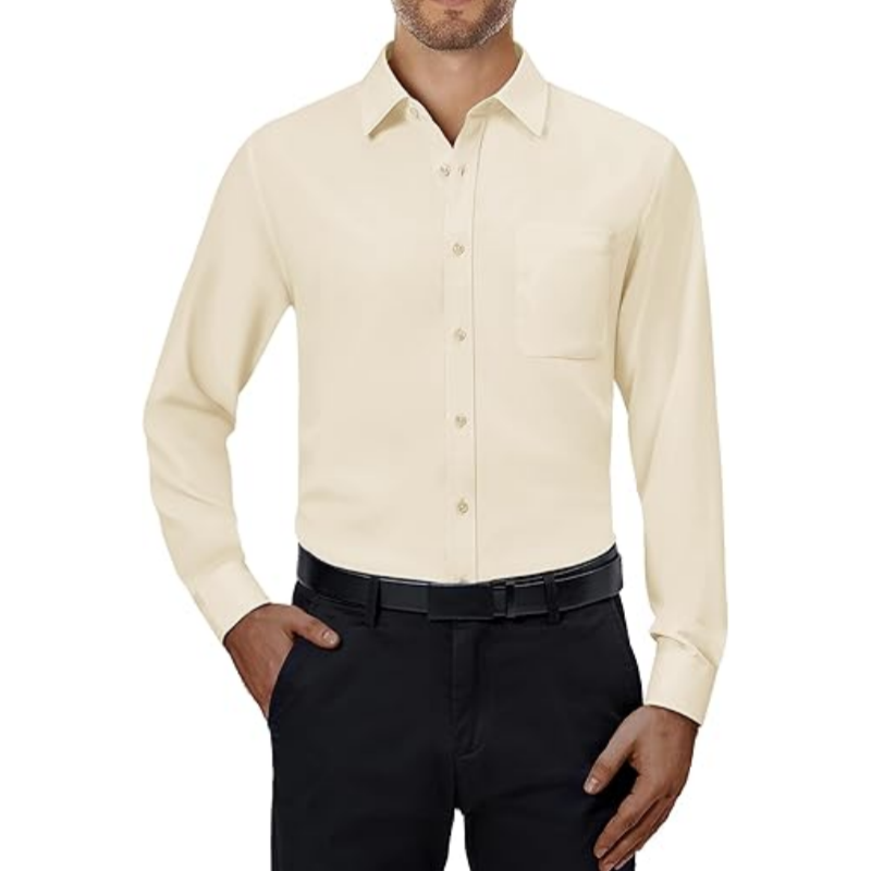 💪Mens Dress Shirts 4-Way Stretch Long Sleeve Collared Casual Solid Wedding Dating Button Down Shirt