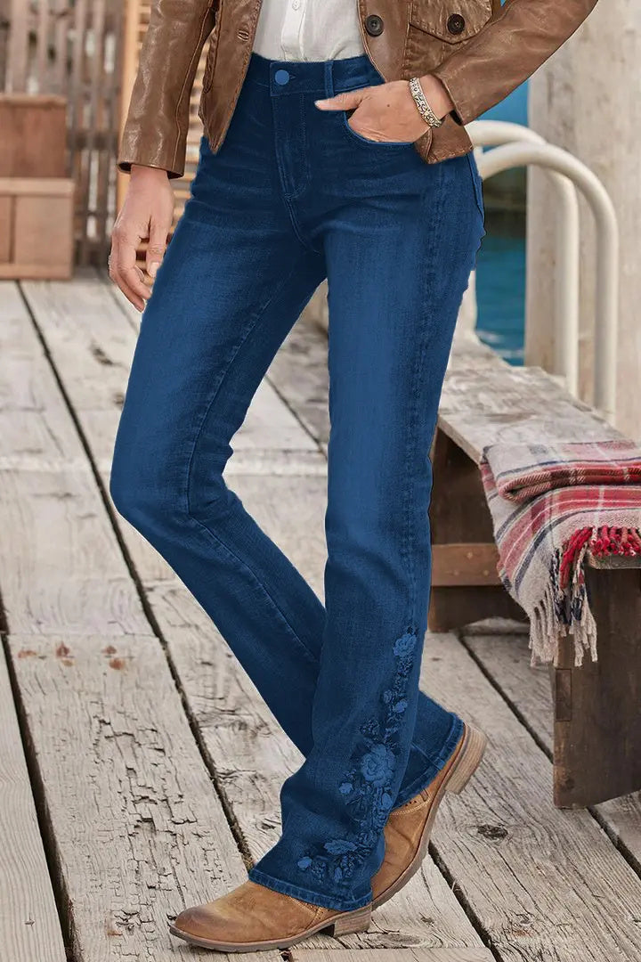 🔥LAST DAY 80% OFF🔥Mid-waist bootcut jeans with floral embroidery