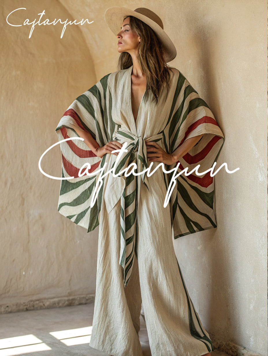Kimono art abstract pattern linen lace-up coat and trousers two-piece suit