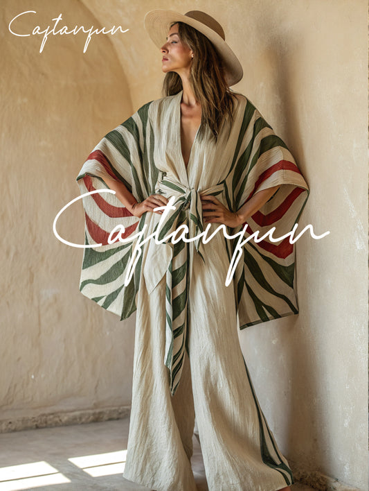 Kimono art abstract pattern linen lace-up coat and trousers two-piece suit