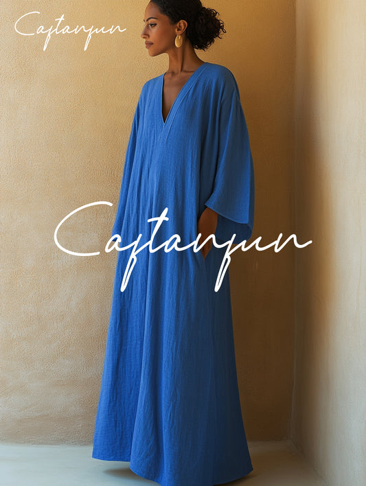 Pure Linen Navy V-neck Loose Kaftan