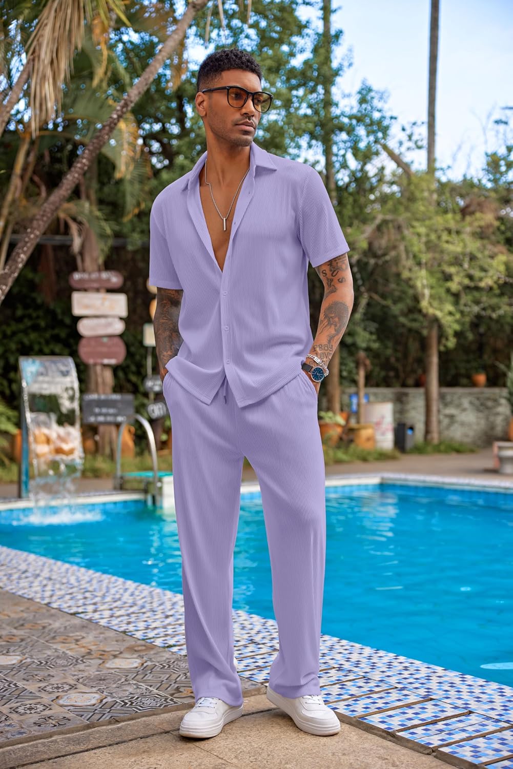 Men's 2 Piece Outfit Casual Short Sleeve Button Down Shirt Beach Summer Loose Pant Sets