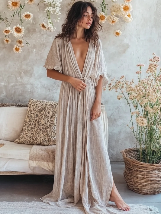 Beige Linen V-neck Dress WIth Belt