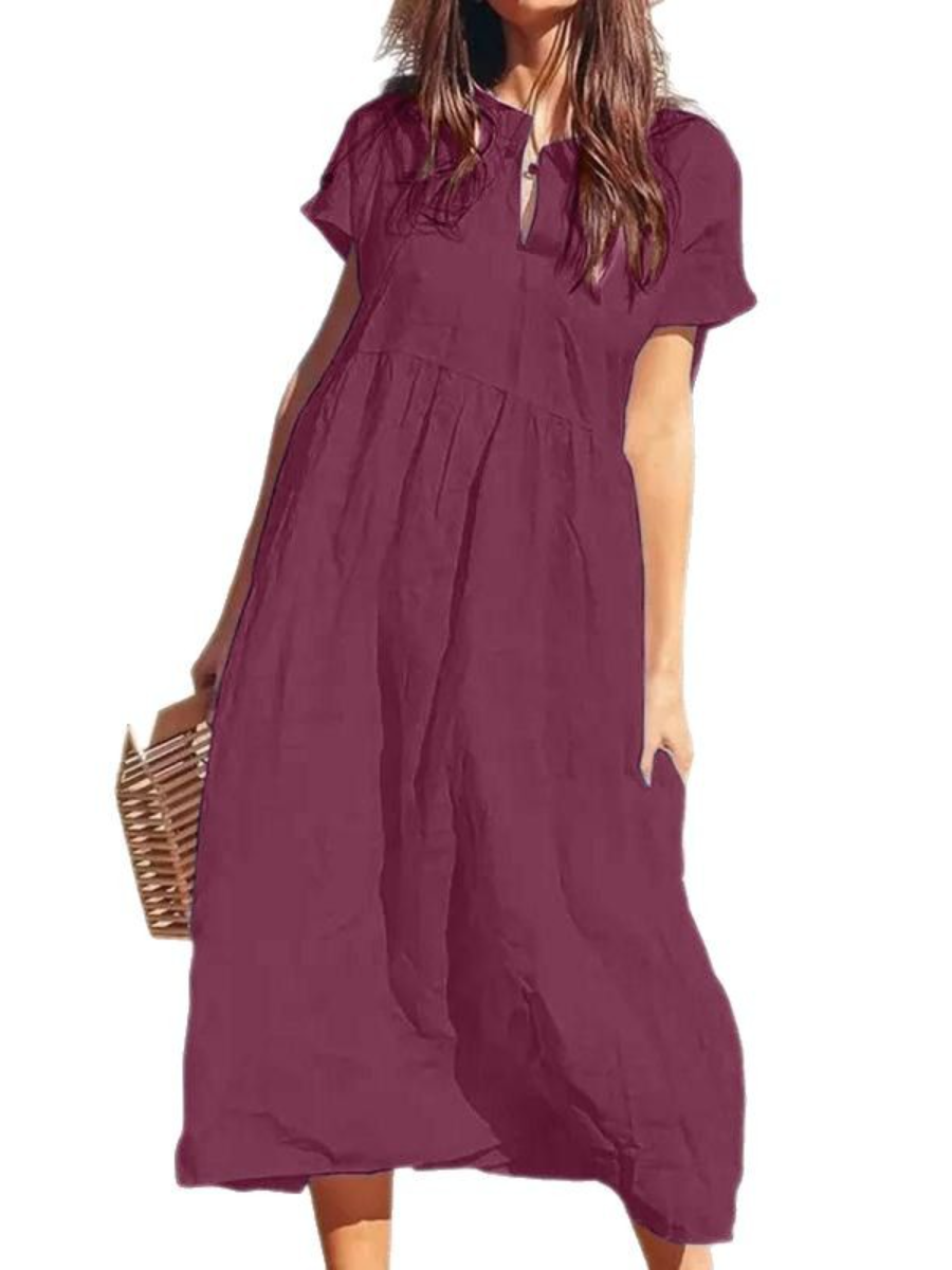 Women's solid color V-neck short sleeve loose casual long cotton and linen dress