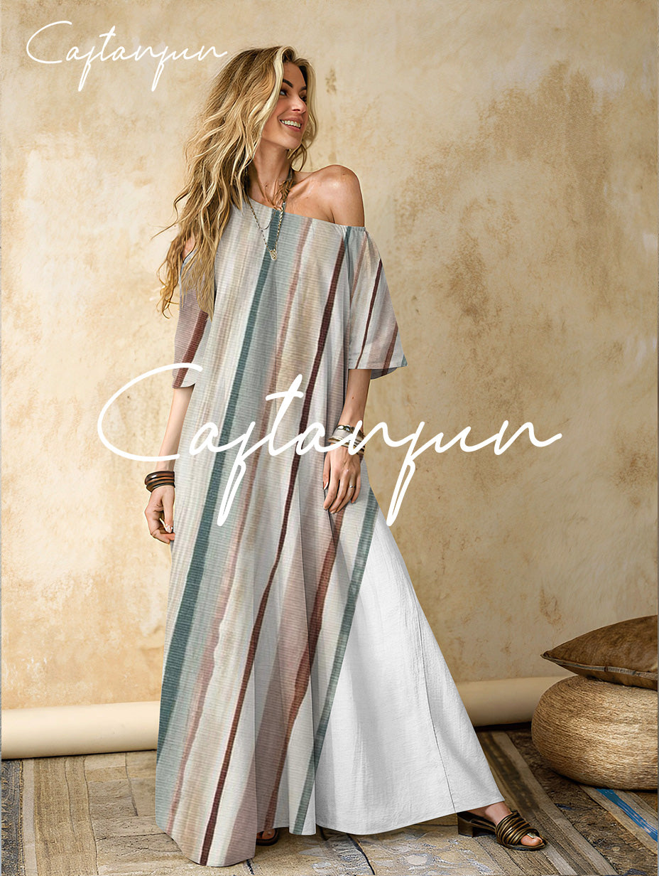 Women's striped cotton and linen one-shoulder long skirt