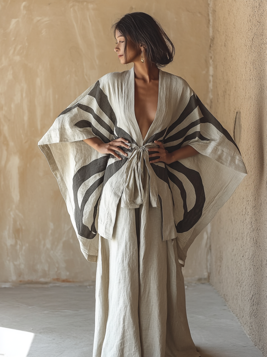 Kimono Shadow Play Linen Tie-strap Top and trousers Two Piece Set