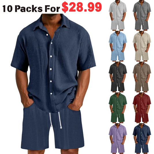 Men's Daily Wrinkled Texture Pocket Shirt Shorts Set