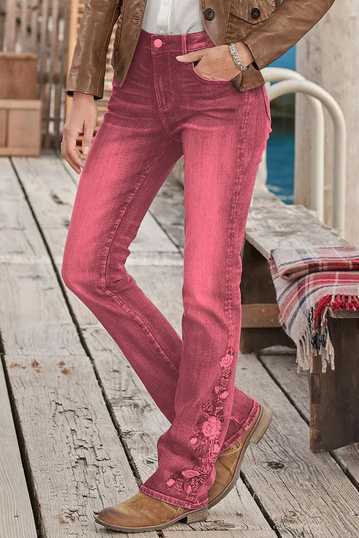🔥LAST DAY 80% OFF🔥Mid-waist bootcut jeans with floral embroidery