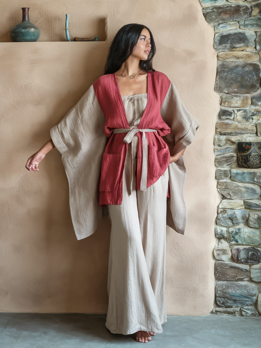 Kimono Torii Dawn Linen Tie-strap Top and trousers Two Piece Set