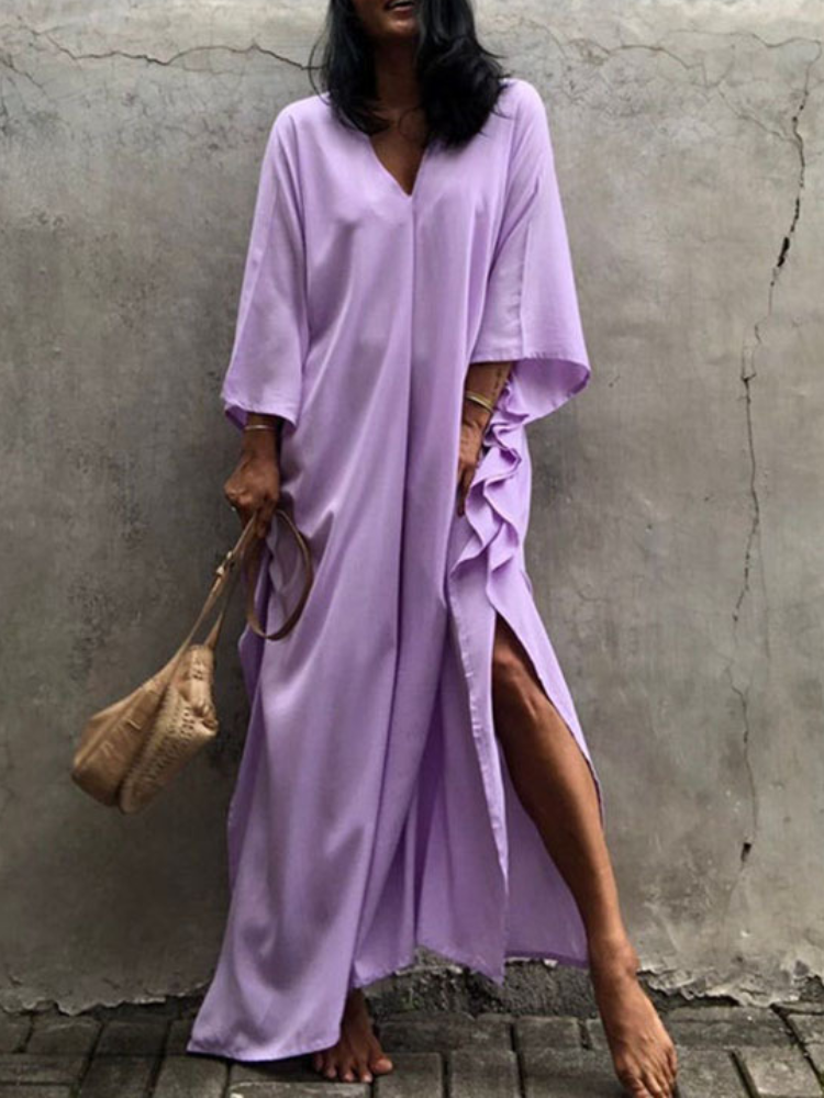 Womens V Neck Long Sleeve Solid Pattern Kaftan Maxidress