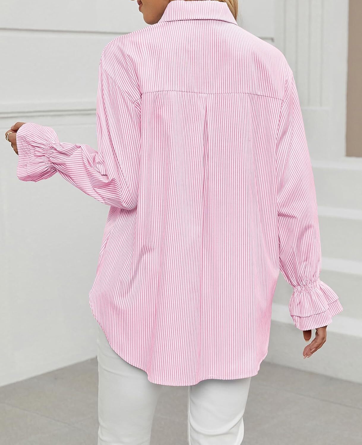 Women's Striped Button Down Shirts Smocked Cuffed Boyfriend Shirt Long Sleeve Blouse Top with 3 Pockets