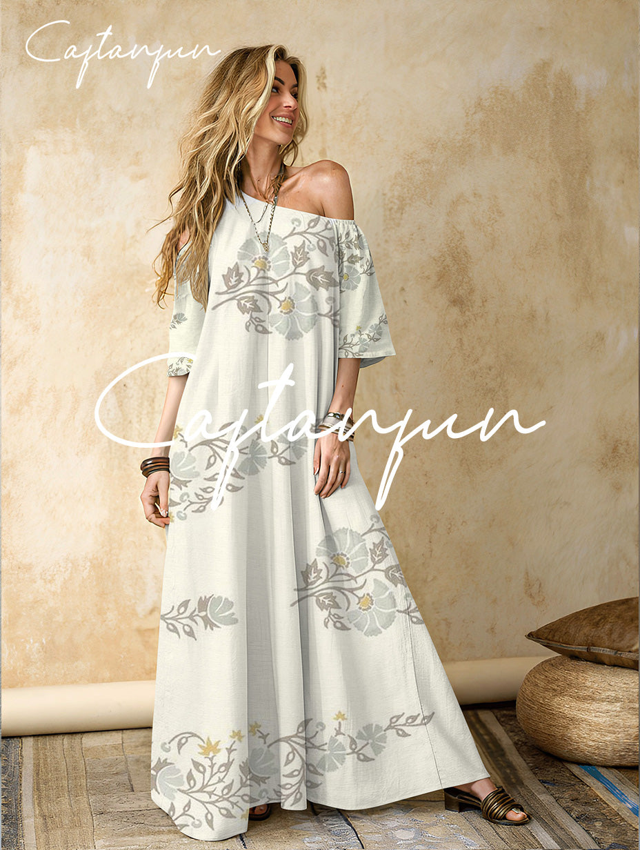 Women's ethnic pattern printed cotton and linen one-shoulder long skirt
