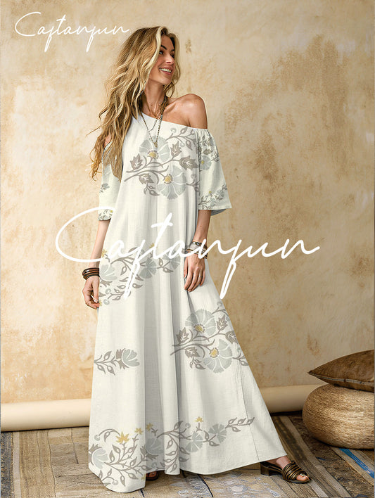Women's ethnic pattern printed cotton and linen one-shoulder long skirt