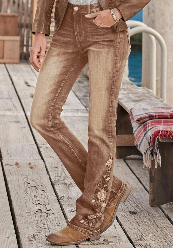 🔥LAST DAY 80% OFF🔥Mid-waist bootcut jeans with floral embroidery