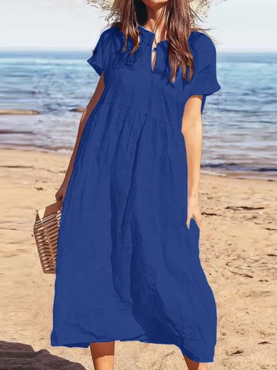 Women's solid color V-neck short sleeve loose casual long cotton and linen dress