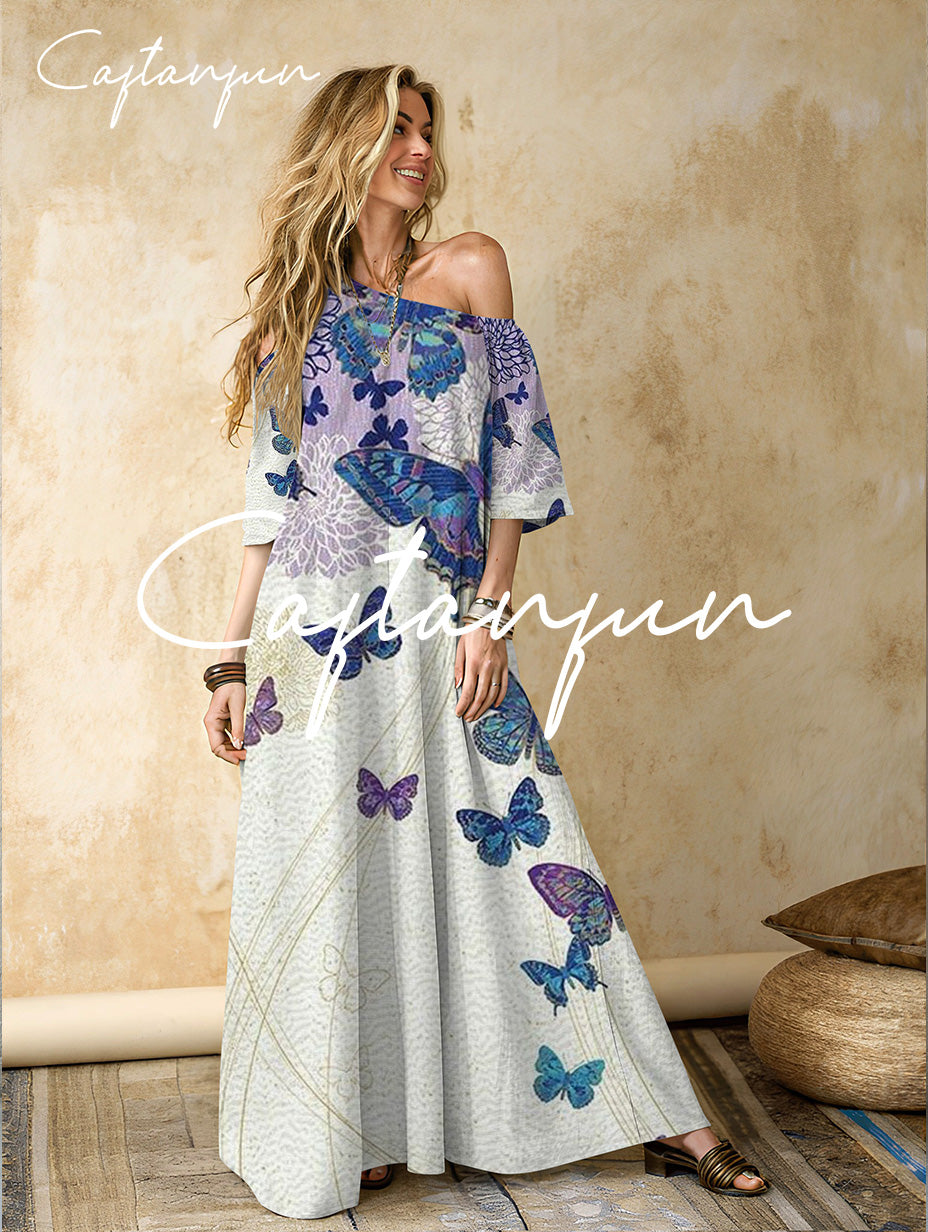 Women's Butterfly Pattern Cotton and Linen Off Shoulder Maxi Dress