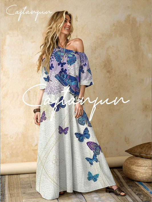 Women's Butterfly Pattern Cotton and Linen Off Shoulder Maxi Dress