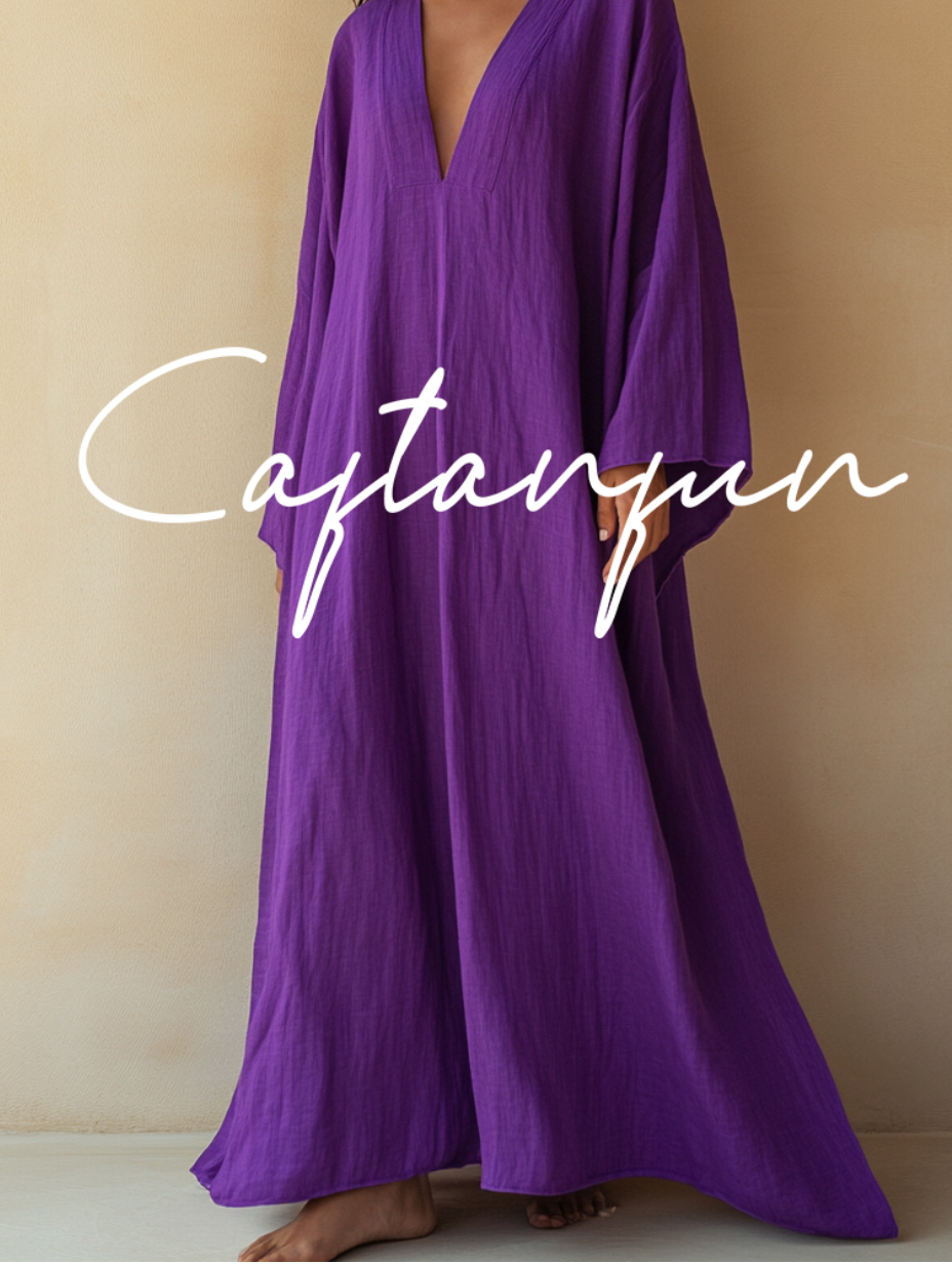Pure Linen Purple V-neck Loose Kaftan