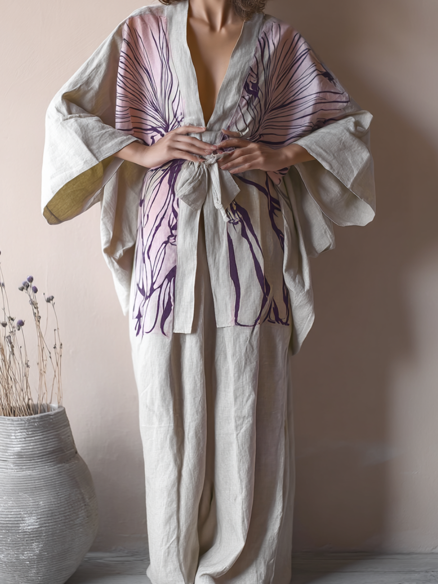 Kimono Pale Moon Linen Tie-strap Top and trousers Two Piece Set