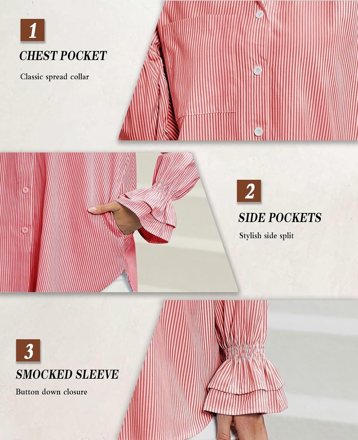 Women's Striped Button Down Shirts Smocked Cuffed Boyfriend Shirt Long Sleeve Blouse Top with 3 Pockets