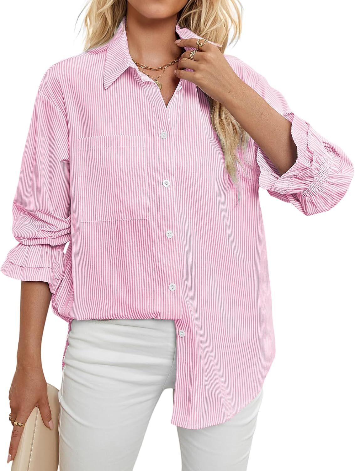 Women's Striped Button Down Shirts Smocked Cuffed Boyfriend Shirt Long Sleeve Blouse Top with 3 Pockets