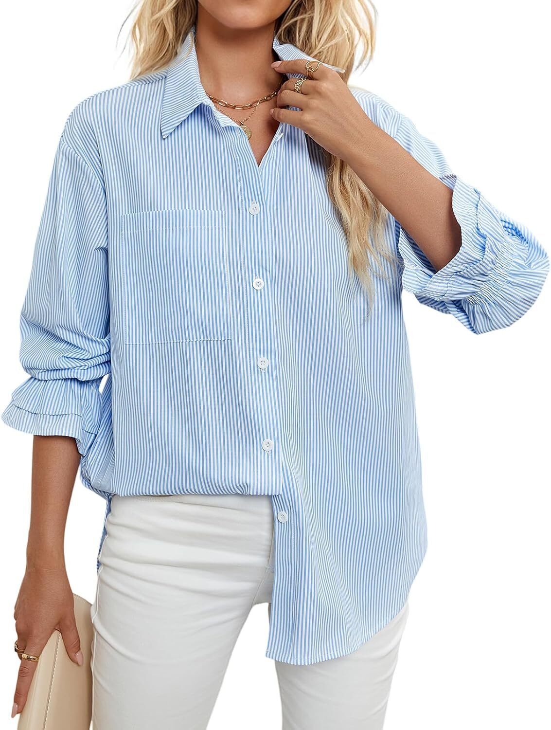 Women's Striped Button Down Shirts Smocked Cuffed Boyfriend Shirt Long Sleeve Blouse Top with 3 Pockets