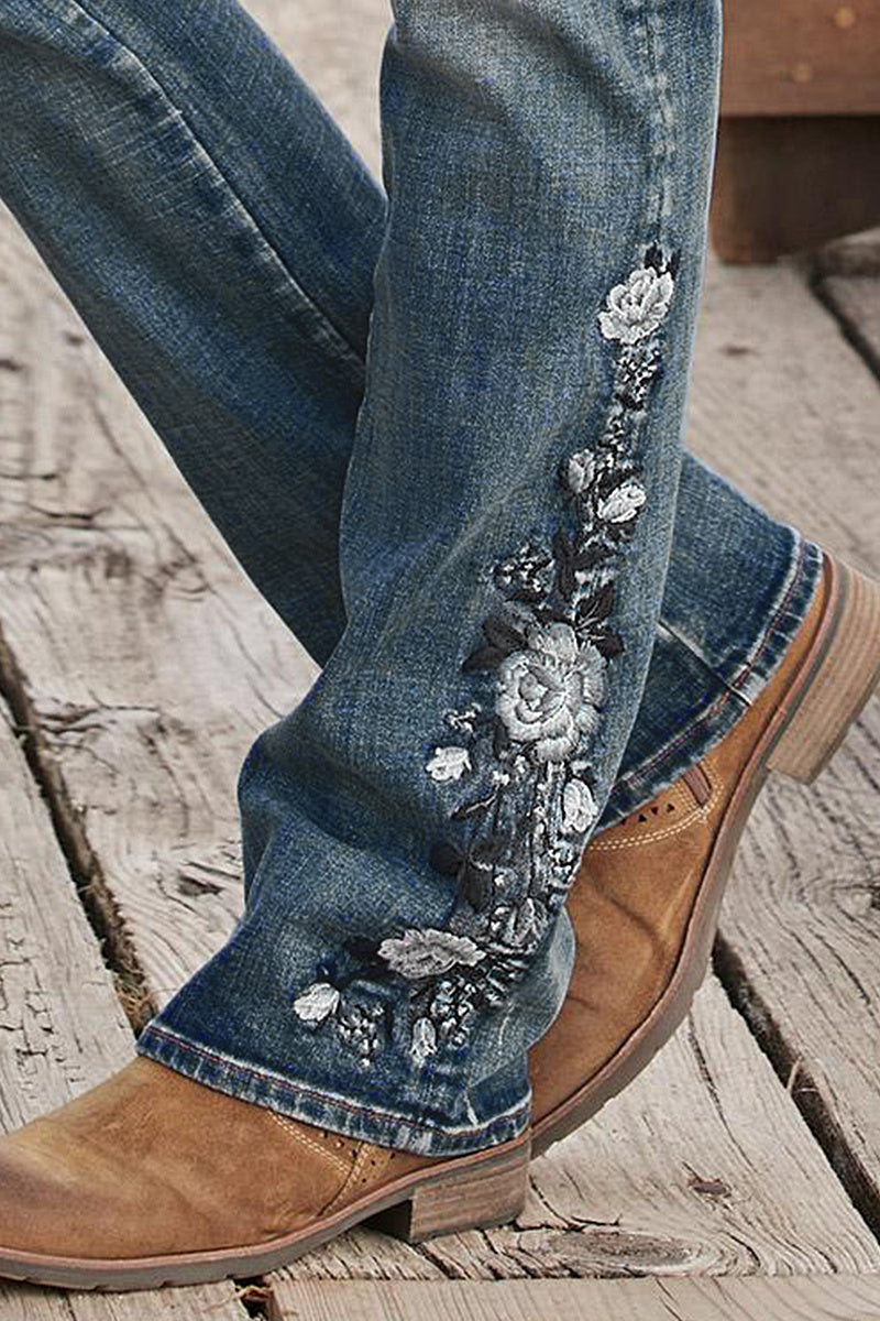 🔥LAST DAY 80% OFF🔥Mid-waist bootcut jeans with floral embroidery