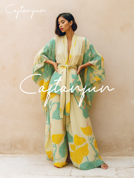 Kimono art summer flower pattern linen lace-up coat and trousers two-piece suit