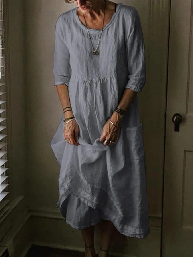 Womens Casual Round Neck Linen Solid Long Maxidress