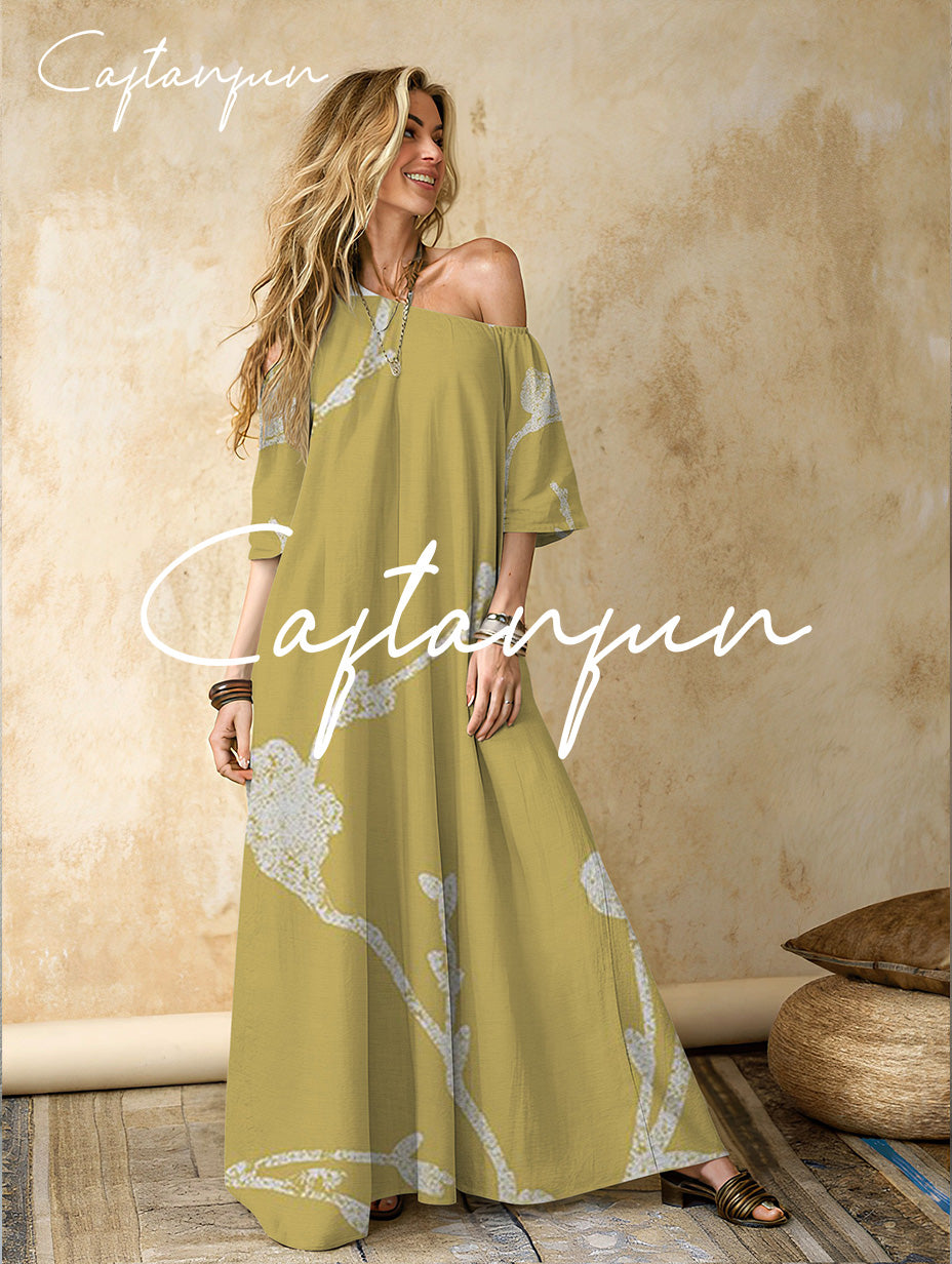 Women's Line Art Plant Cotton and Linen Off Shoulder Maxi Dress