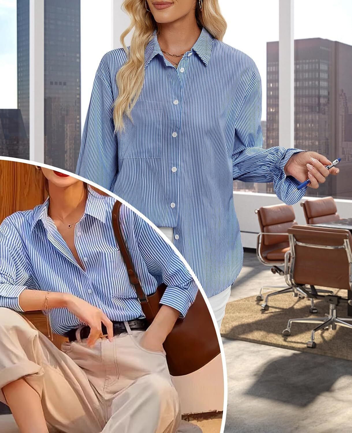 Women's Striped Button Down Shirts Smocked Cuffed Boyfriend Shirt Long Sleeve Blouse Top with 3 Pockets