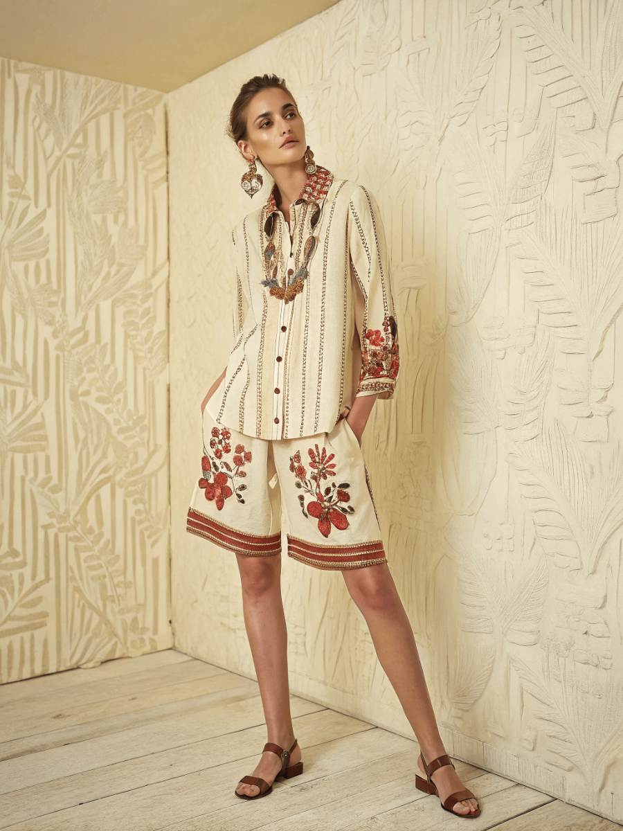 Cotton and linen women's shirt and shorts set