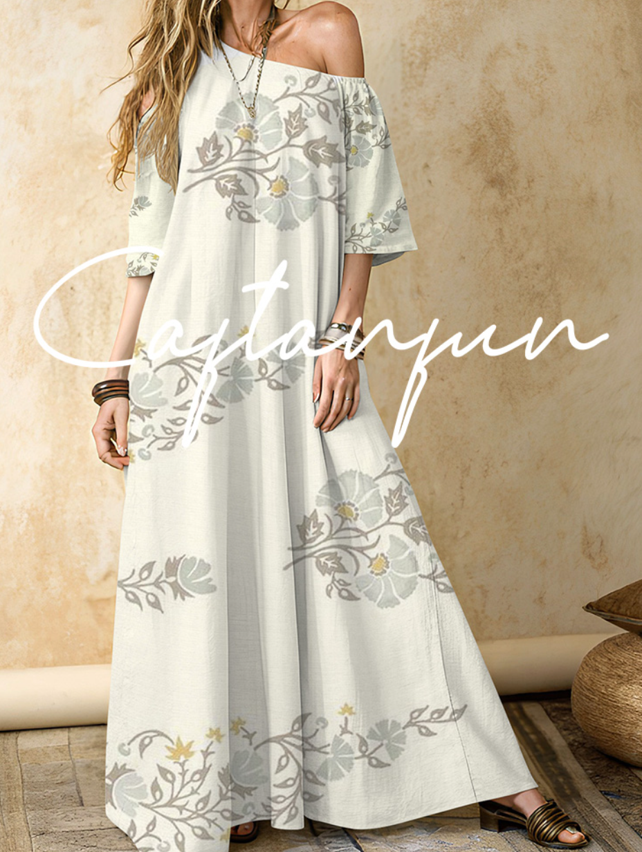 Women's ethnic pattern printed cotton and linen one-shoulder long skirt