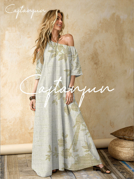 Women's Botanical Pattern Cotton and Linen Off-Shoulder Maxi Dress