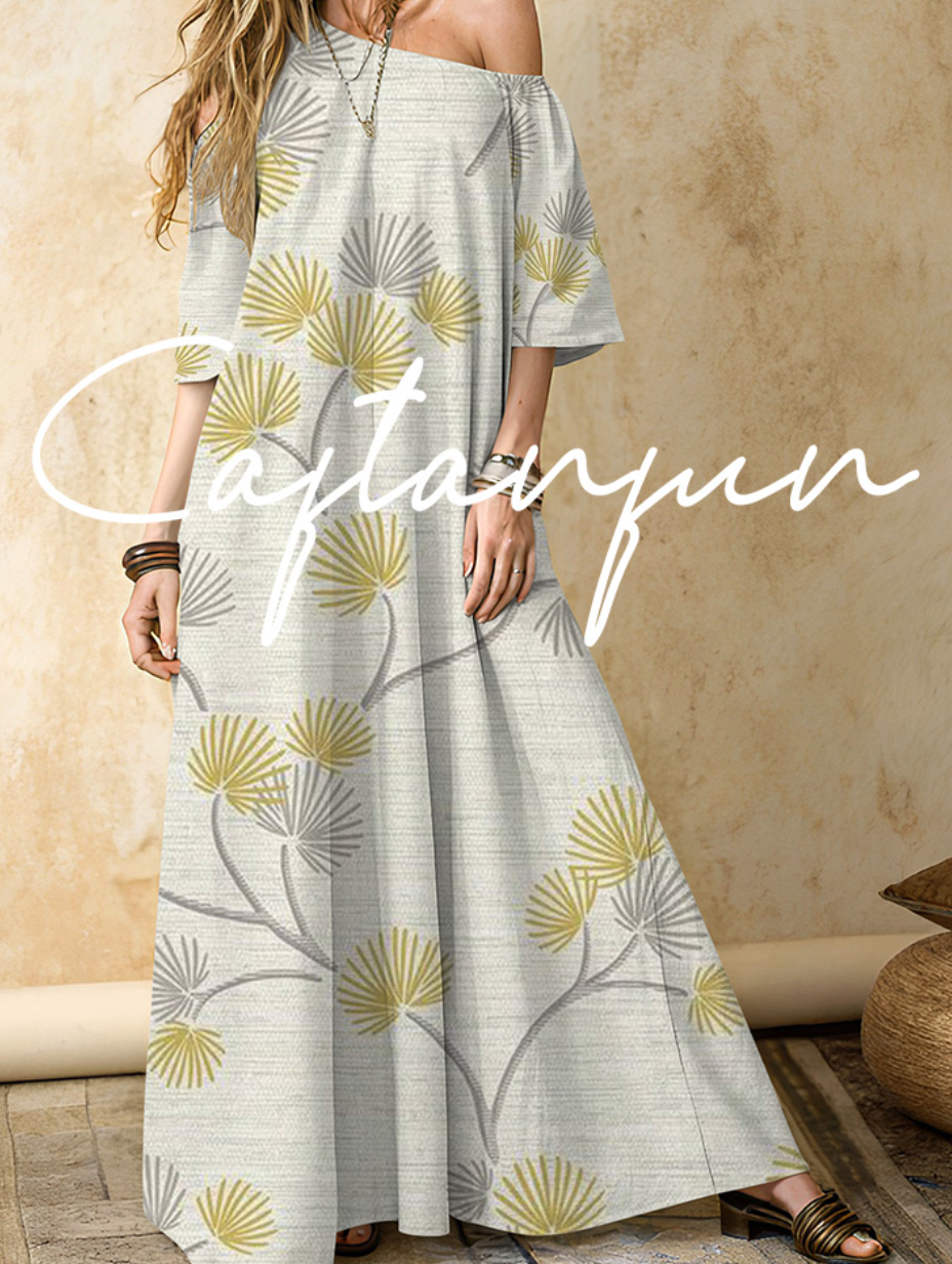 Women's floral cotton and linen one-shoulder long dress