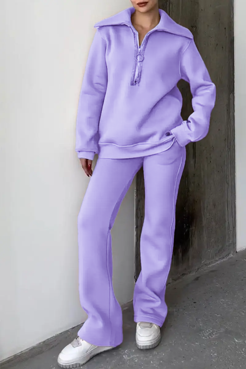 Women's Lapel Long Sleeve Sweatshirt Two Piece Set