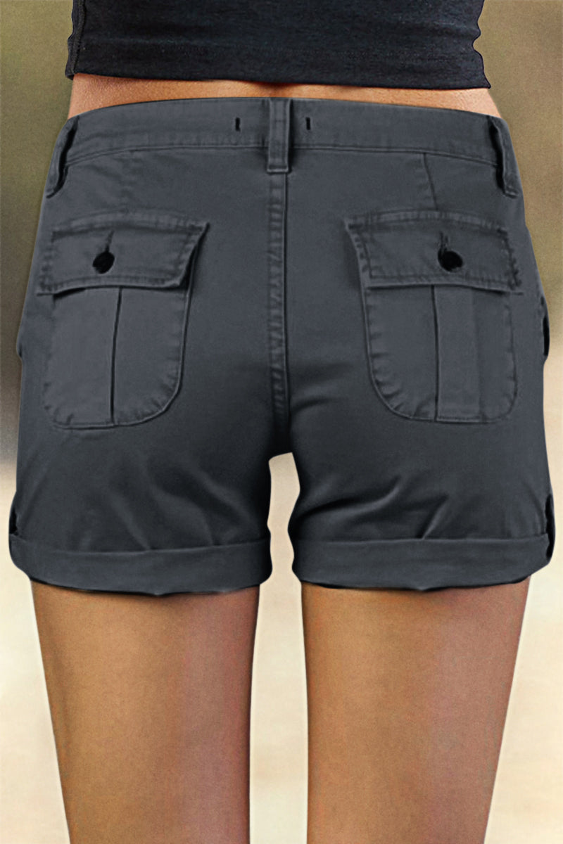 Flap Pocket Roll Tab Hem Mid Waist Shorts