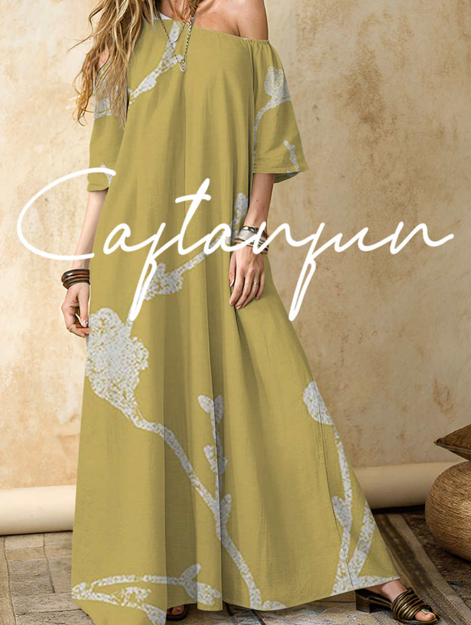 Women's Line Art Plant Cotton and Linen Off Shoulder Maxi Dress