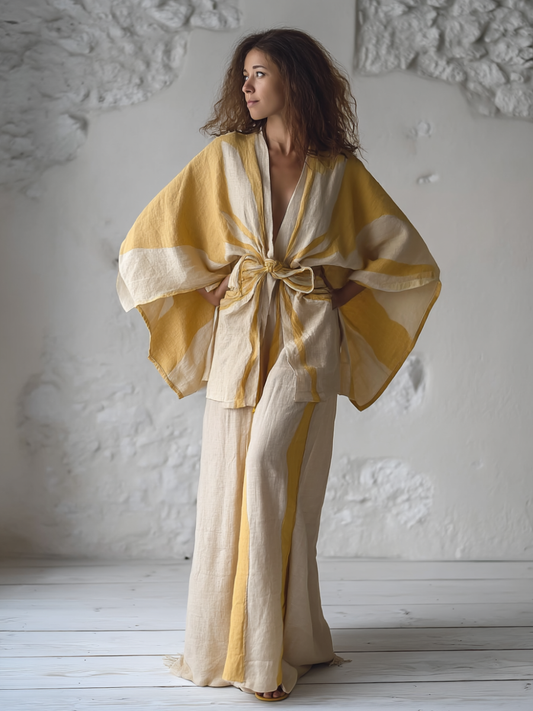 Kimono Sunrise Whisper Linen Tie-strap Top and trousers Two Piece Set