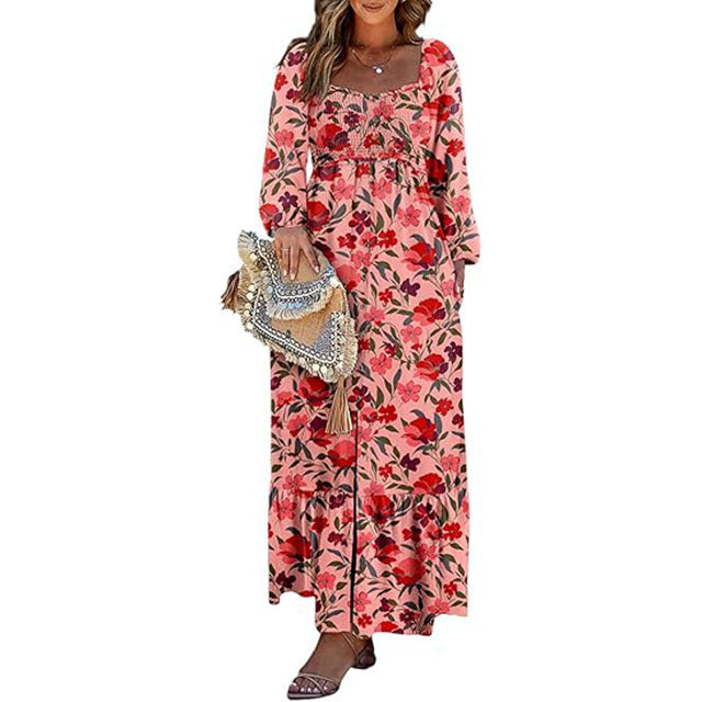 🔥2025 CRAZY DEAL🔥Spring Dresses for Women 2025 Boho Floral Smocked Square Neck Long Sleeve Button Down Beach Long Maxi Dress