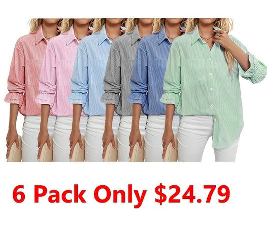 Women's Striped Button Down Shirts Smocked Cuffed Boyfriend Shirt Long Sleeve Blouse Top with 3 Pockets
