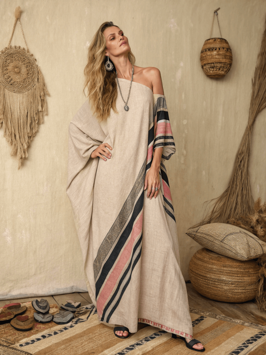 Women's cotton and linen one shoulder long skirt