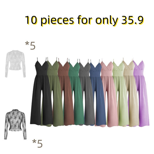 🎉Hot selling items-Women's solid color lace t-shirt and pocket jumpsuit two-piece set