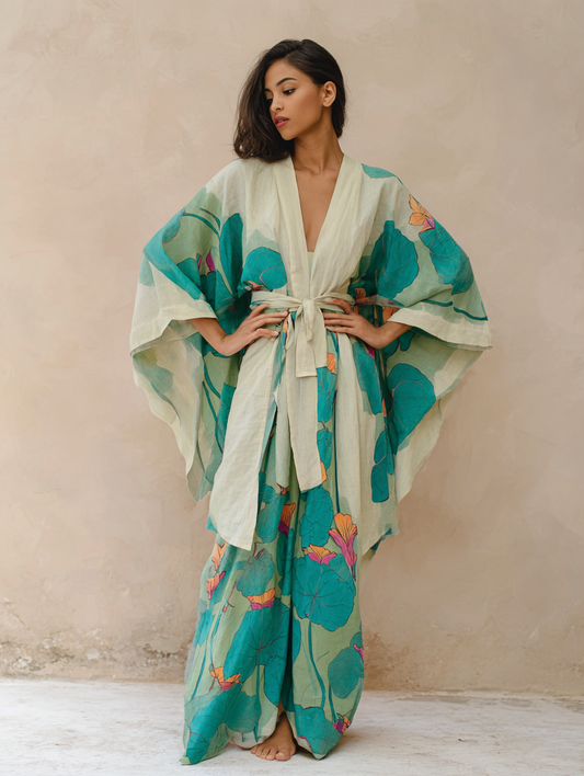 Kimono art abstract flower pattern linen lace-up coat and trousers two-piece suit